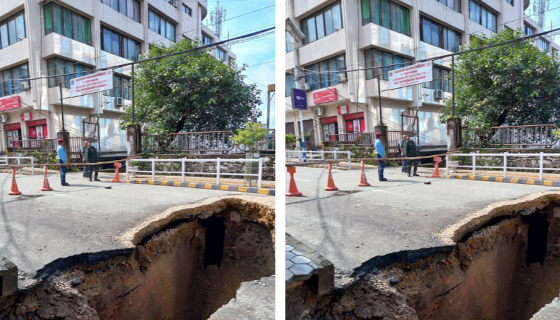 काठमाडौँ महानगरपालिकामा सडक भासिएर ठूलो भ्वाङ पर्‍यो